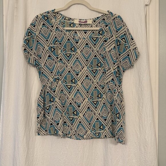 Emmelee Breezy Top Medium Short Sleeve Artsy Boho  Geometric Blue - Picture 1 of 12